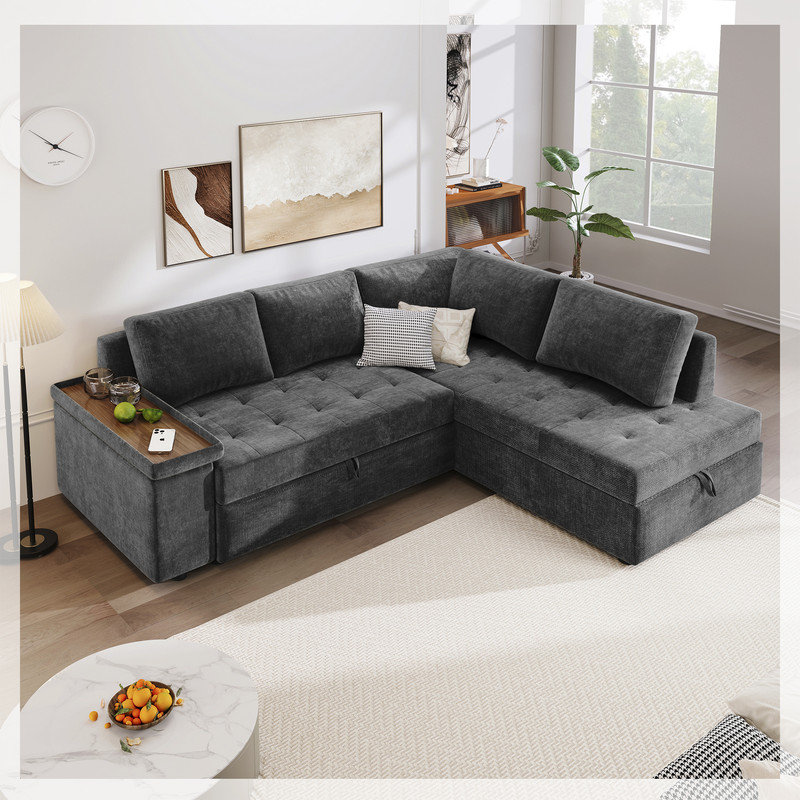 Latitude Run Aare 91.5 Inch L Shaped Couch with Pull Out Bed and Storage Sectional Sleeper Sofa with Hidden Storage Wayfair